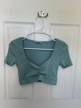 Zara Teal Turquosie Aqua Blue Ribbed Crop Top with V-Neck